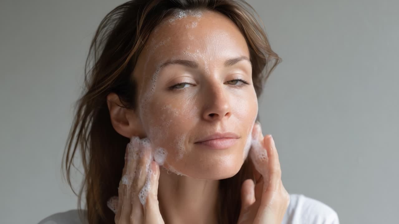 A Woman Gently Cleanses Her Face with Foaming Cleanser, Emphasizing the Importance of Skincare in Daily Routines for Healthy, Glowing Skin and Personal Care