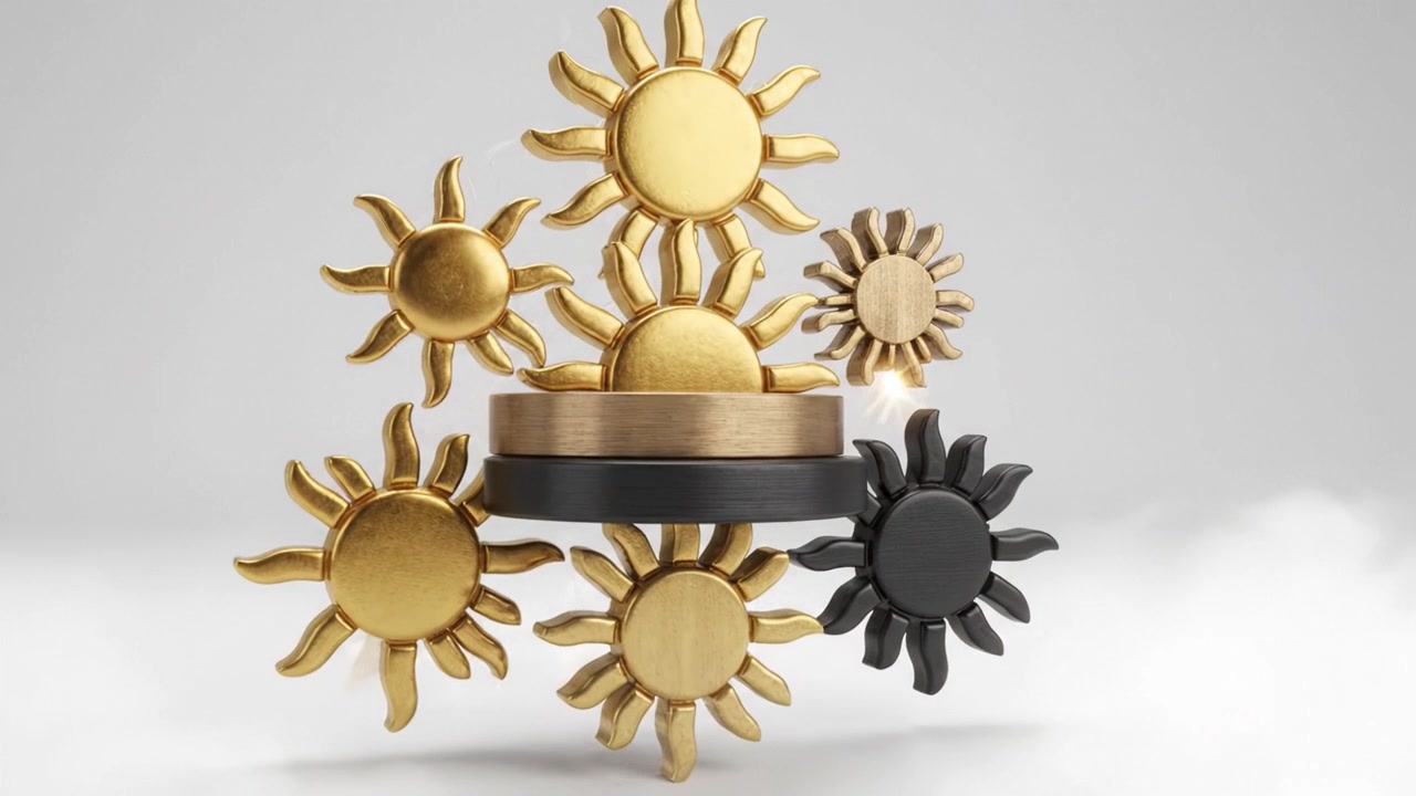 A mesmerizing display of artistic sun motifs arranged around a central metallic ring, emerging from foggy depths, showcasing creativity and craftsmanship.