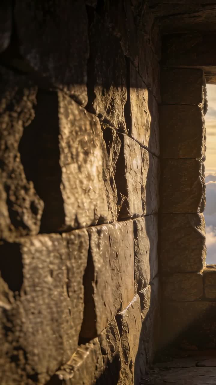 Video vertical: Cámara en paneo revelando un muro de piedra tosca en una torre, la luz del sol mostrando una rendija de cielo