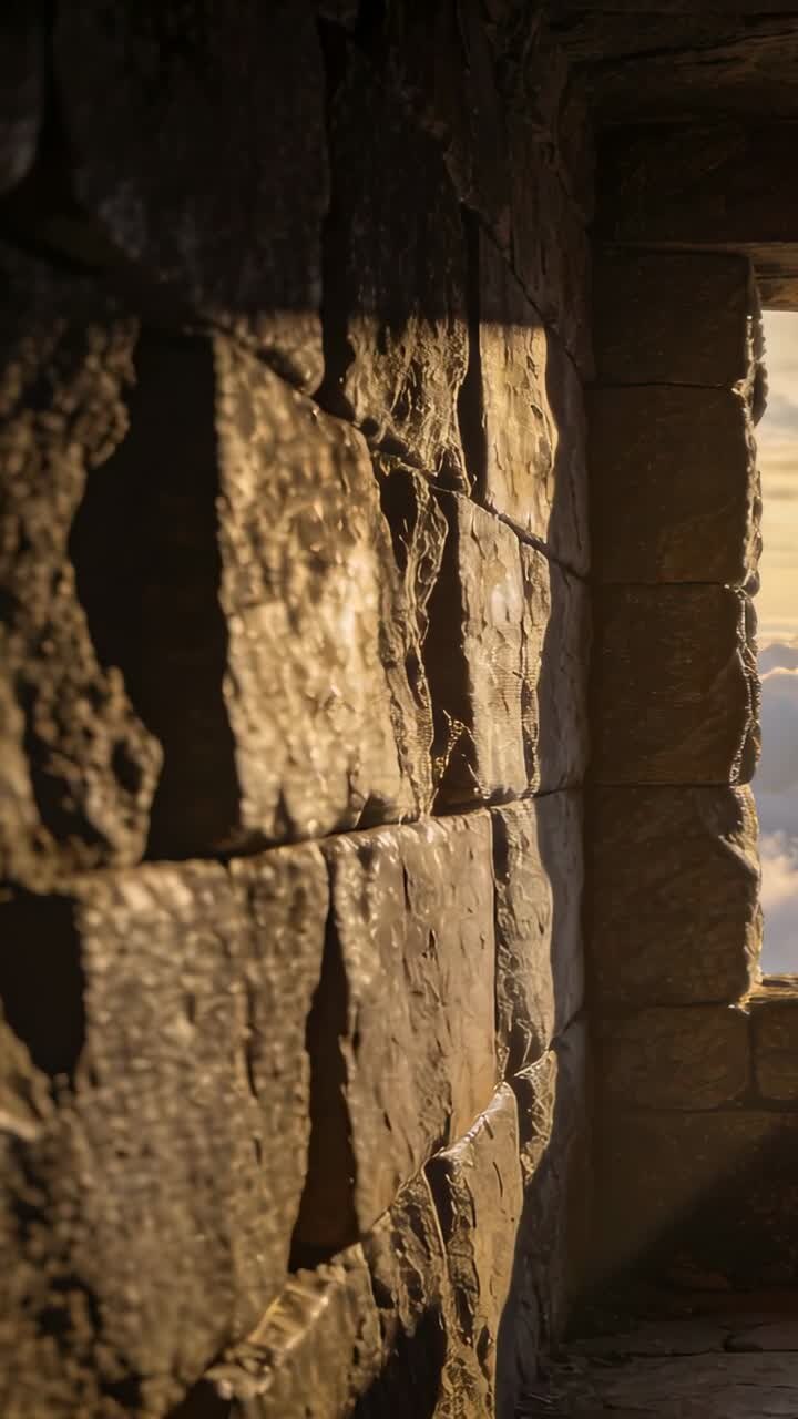 Vídeo vertical: Câmera panorâmica revelando uma parede de pedra rústica de uma torre, a luz do sol revelando uma fresta no céu.