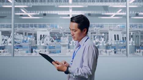 vista lateral de un trabajador profesional masculino asiático de pie con su tableta en la digitalización de la fábrica, comprobando su tableta con meditación