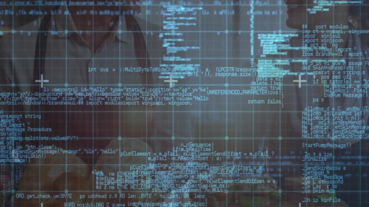 Two developers reviewing code in conference room, projecting augmented grid and code text overlays