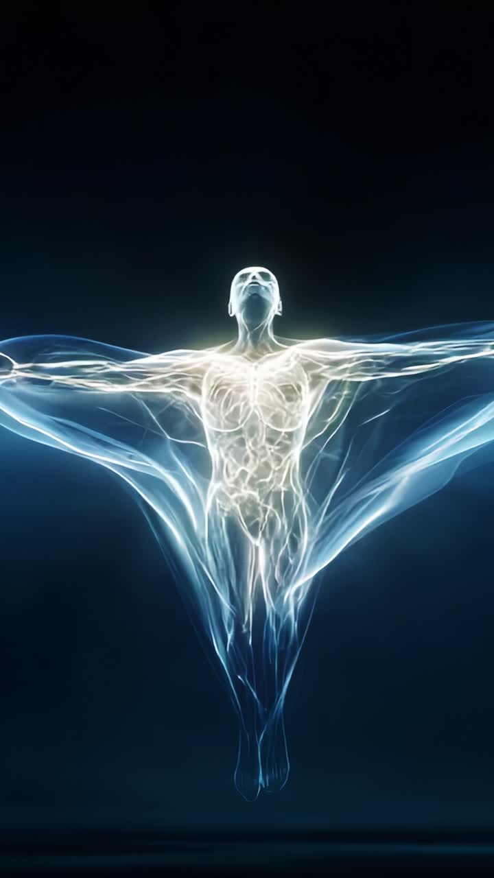 Ethereal Human Form Surrounded by Luminescent Energy Waves Depicting Transcendence and Connection to the Universe through Light and Motion