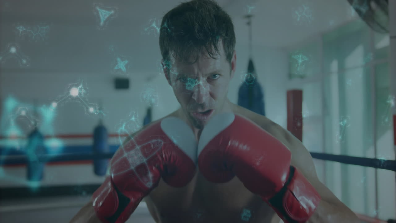 Training intensely, boxer with digital animation overlaying scene in gym