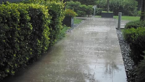 lluvia cayendo en un camino de piedra en un jardín