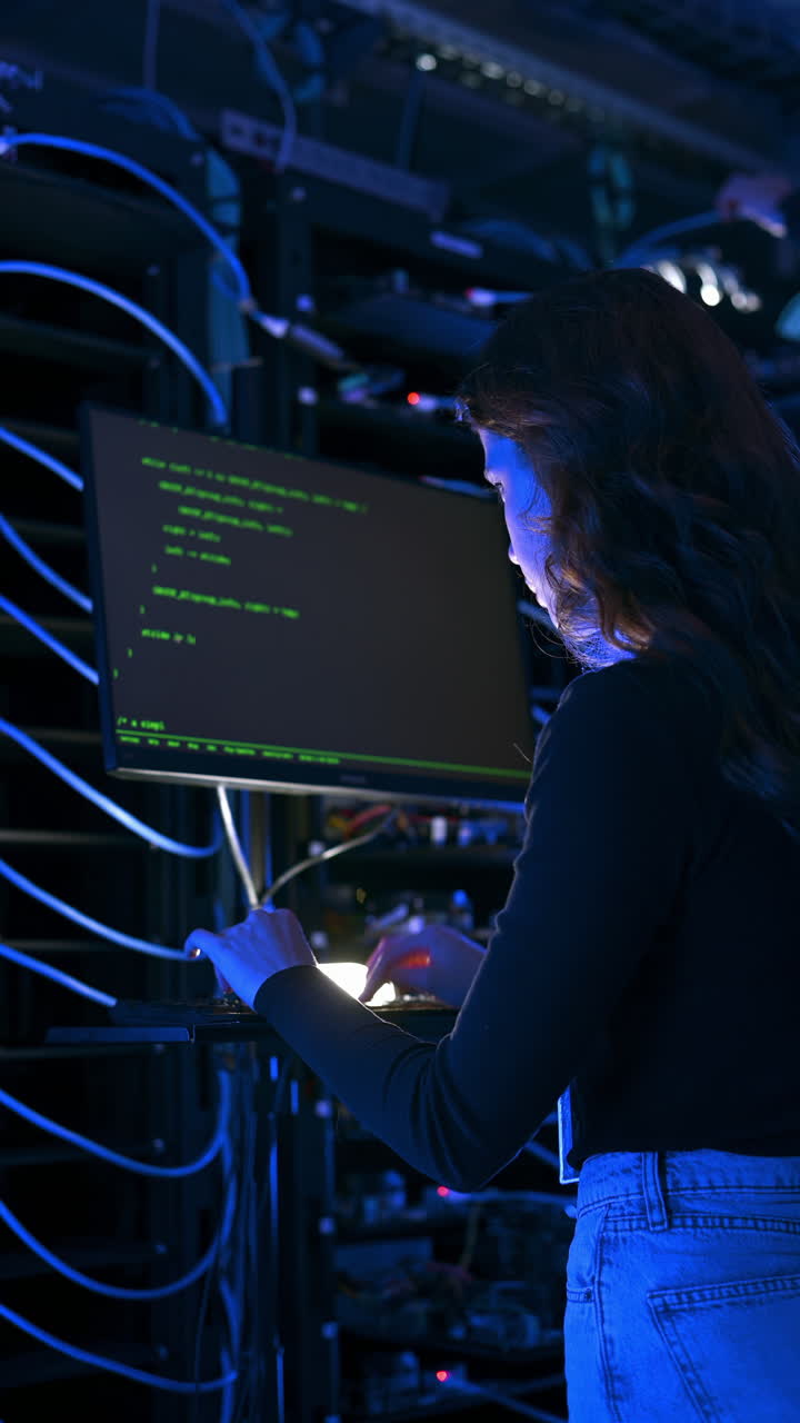 Woman programming in a server room. Vertical