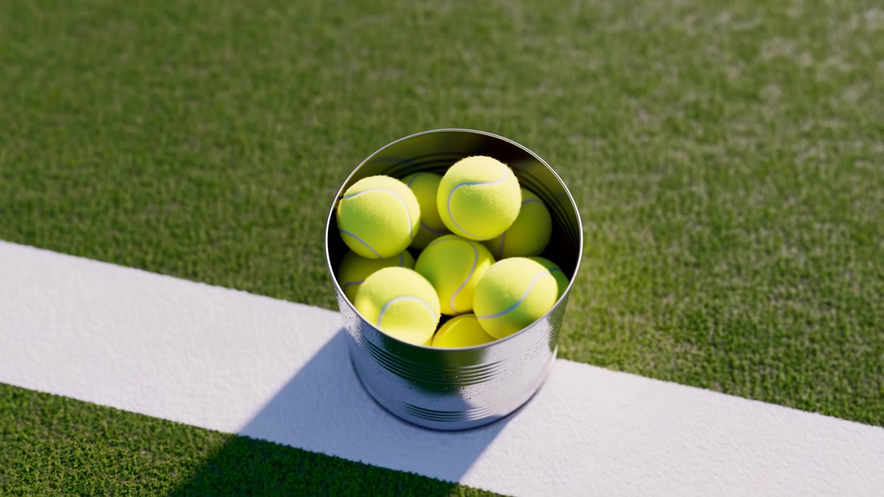 Top-down overhead shot of reflective metal practice can filled with six neon yellow tennis balls sitting on wide white boundary line of manicured grass court in bright outdoor sunlight