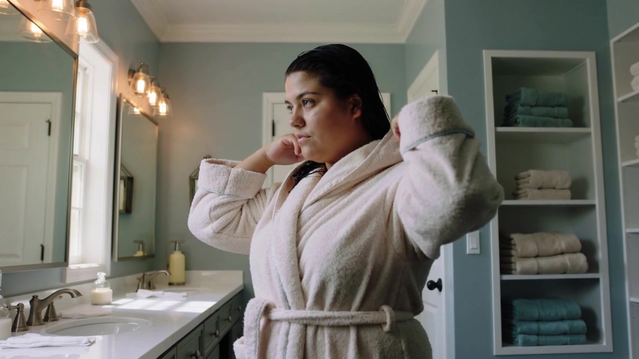Terminando di prepararsi, una donna si tira il cappuccio di un accappatoio di peluche sulla testa nel bagno privato, con uno specchio da trucco.