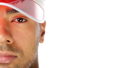 hombre con visera solar retrato de cerca mitad de cara serie de personajes aislados en fondo blanco puro