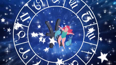 animation of spinning star sign wheel with pisces sign and stars