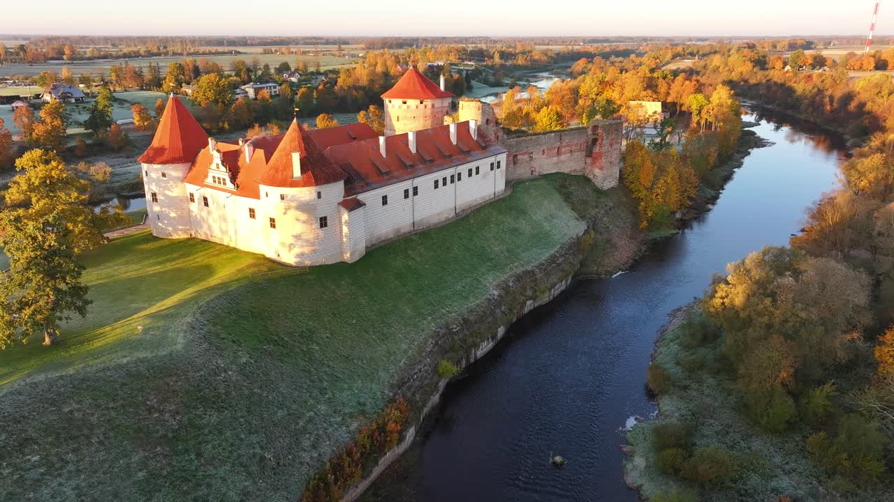 Bauska Castle in Latvia on a cold, frosty autumn morning