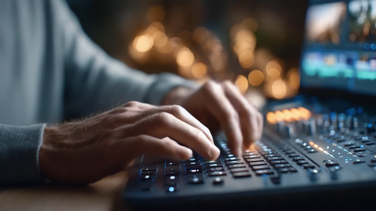Focused Hands Engaged in Creative Work on an Audio Mixing Console While a Warm Glow Fills the Background, Capturing the Essence of Music Production and Editing