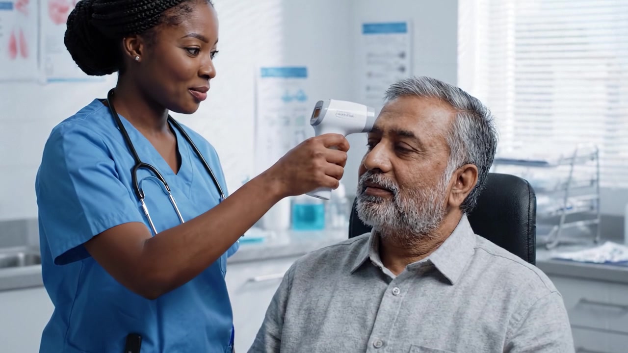 A healthcare professional engages with an elderly patient, showcasing a friendly interaction while monitoring health in a well-lit clinic environment.