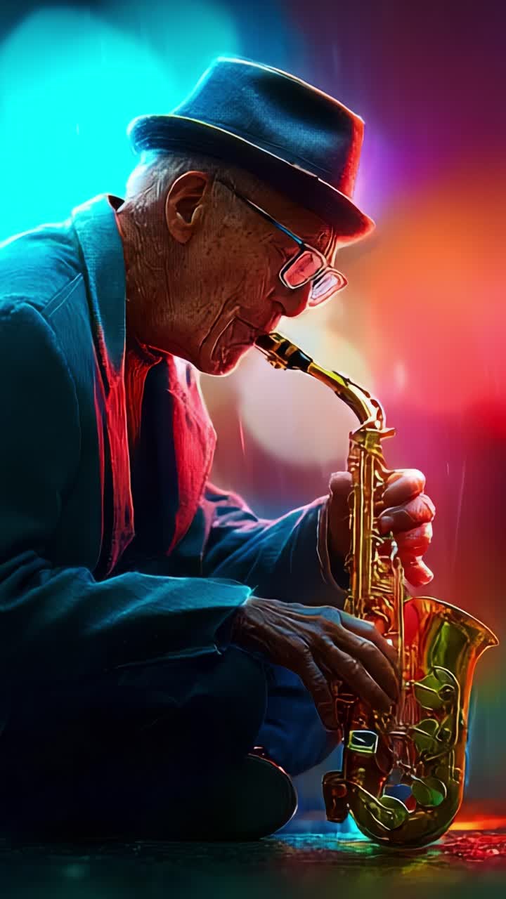 Een oudere muzikant speelt gepassioneerd saxofoon te midden van kleurrijke lichten, waarmee hij de vreugde en de geest van jazzmuziek belichaamt in een bruisend nachtleven.