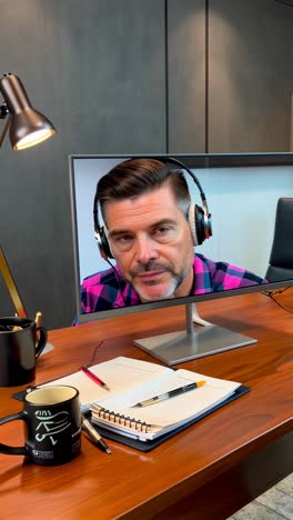 Businessman in video call from home office