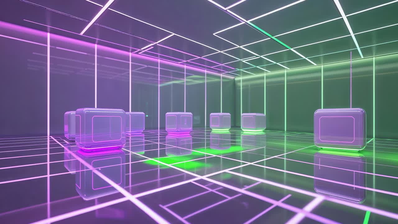 Futuristic Neon Grid Room with Glowing Cubes