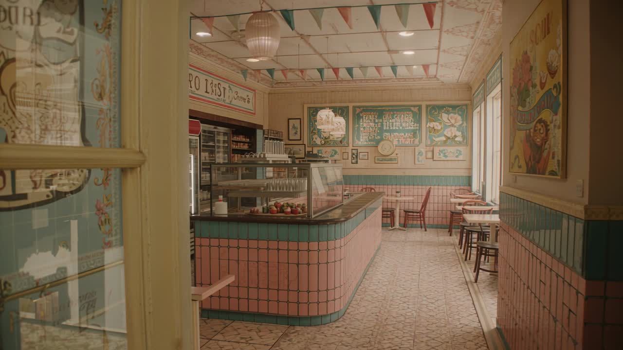 Luce mutevole che inonda l'interno di un caffè attraverso le finestre, rivelando un bancone con piastrelle rosa, con spazio per il testo.
