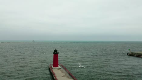 bird flying on top of milwaukee pierhead lighthouse on a windy and rainy day