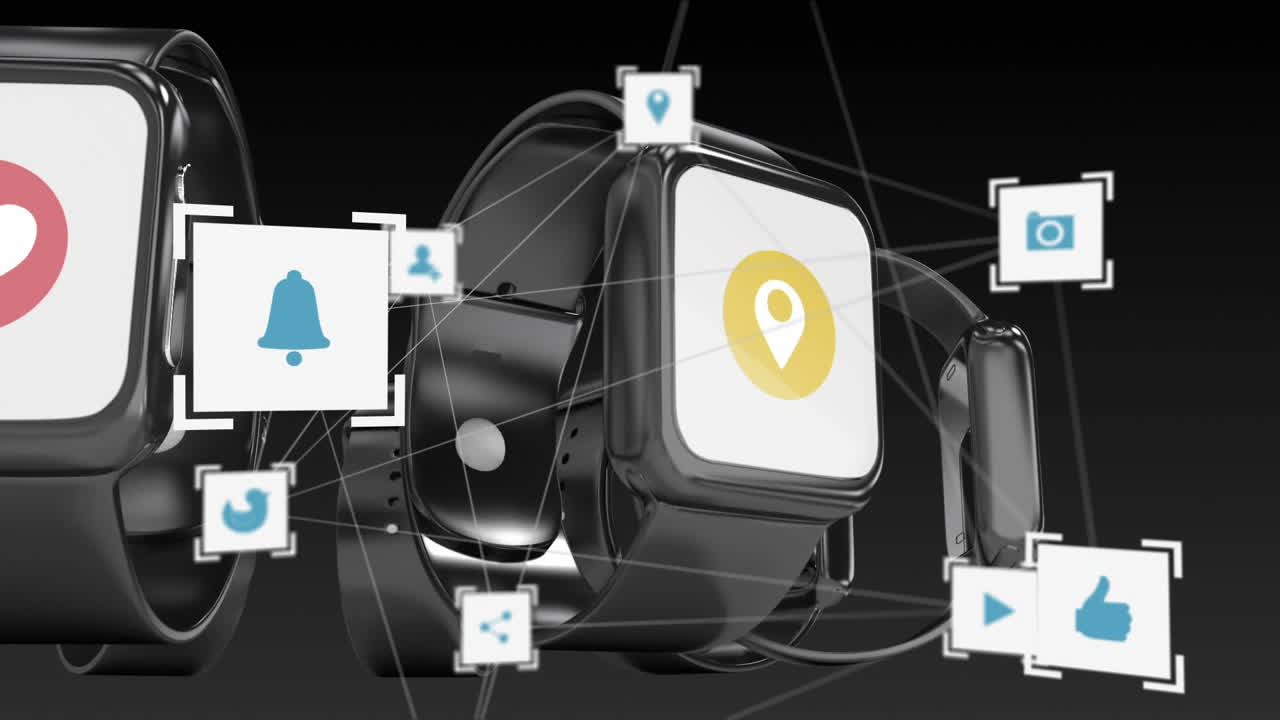 animación de iconos digitales flotando sobre relojes inteligentes giratorios en segundo plano