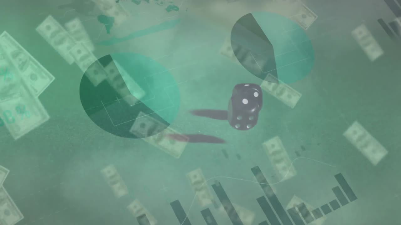 두 개의 주사위와 초록색 배경의 미국 달러 지폐에 대한 금융 데이터 처리 애니메이션