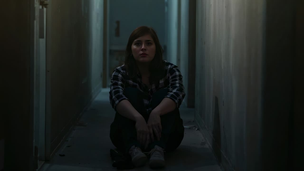 Sitting woman watching bluish exit light drawing gaze at narrow hall, hands adjusting near dark bag