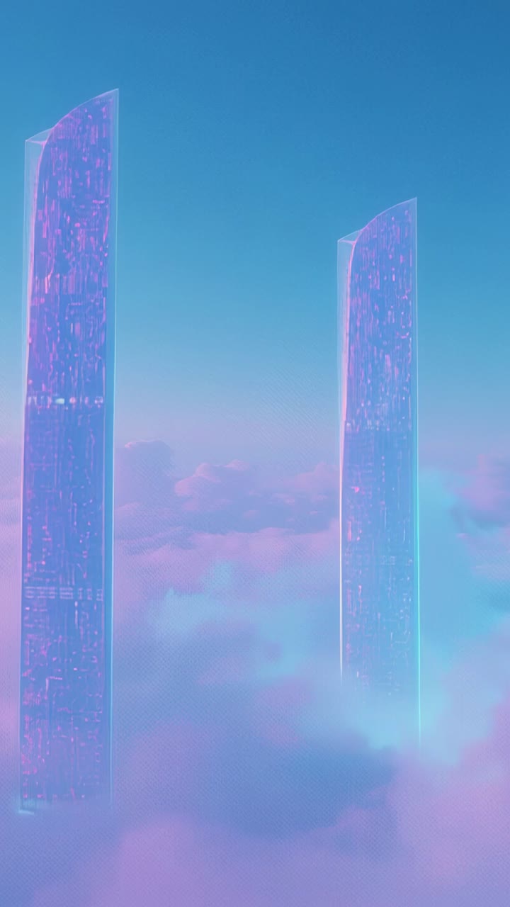 Vertical video: Rising camera revealing two glowing towers above pink clouds, futuristic theme