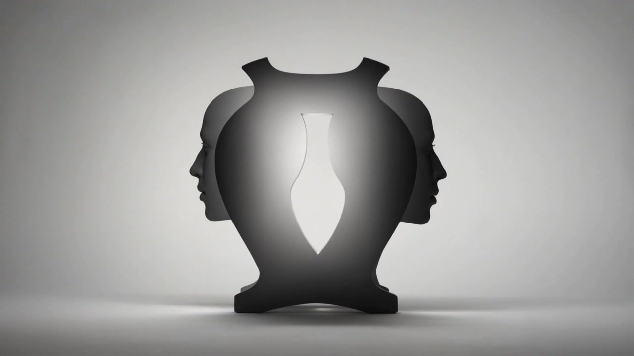 Shifting soft light revealing center vase with two profiles on studio floor, showing dual illusion