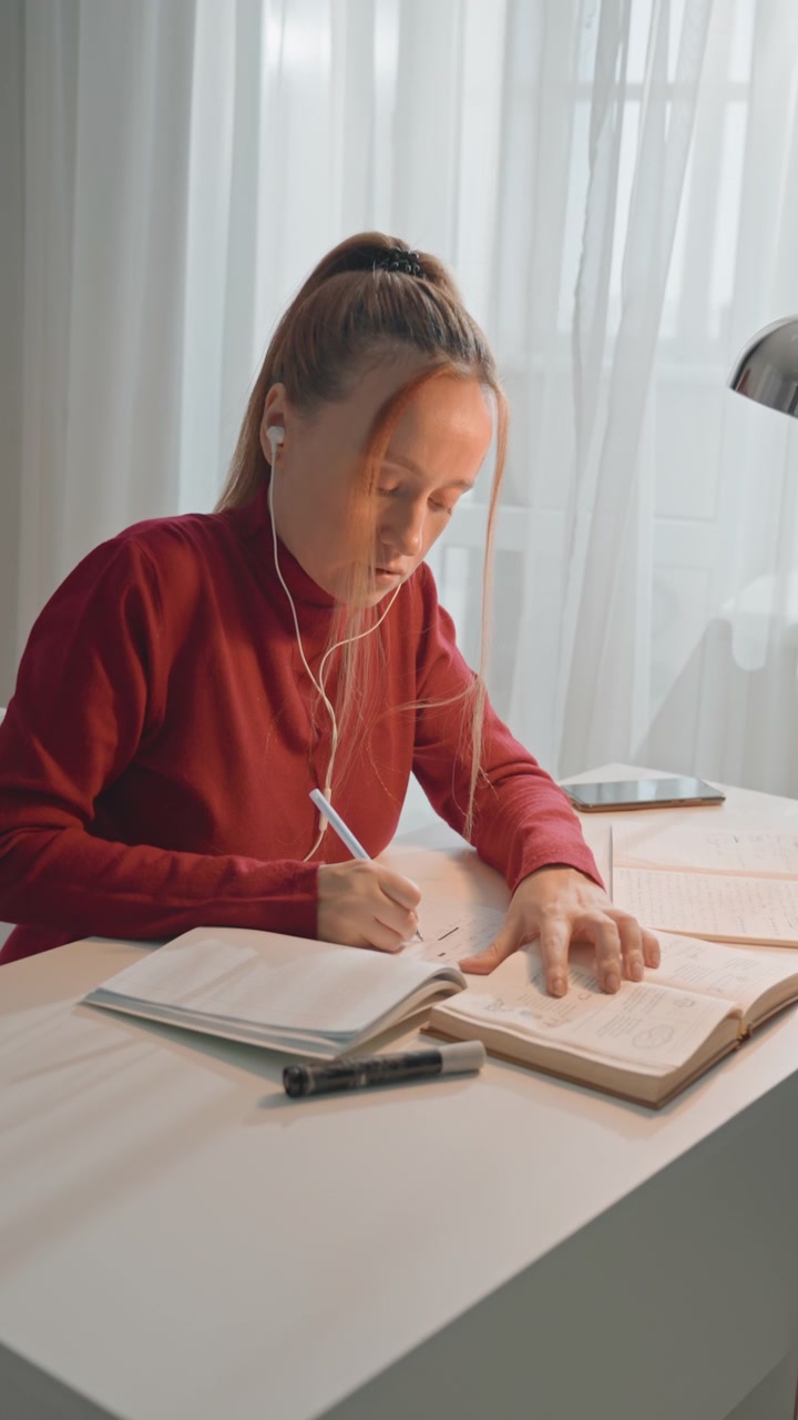 Young woman in red sweater writes. Woman examines writing tools closely while wearing earphones. Well lit room with sheer curtains white table natural light showing woman