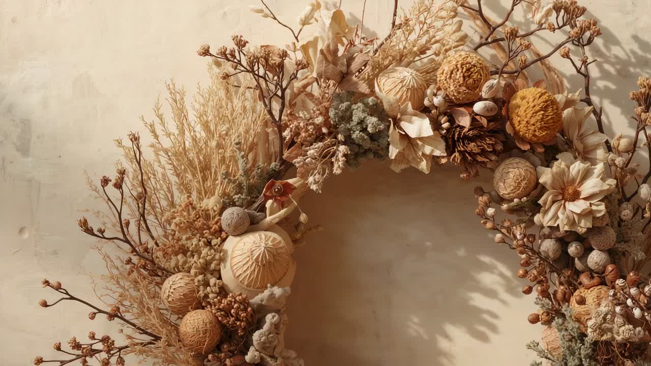 Panning camera revealing dried wreath on stucco wall, showcasing pinecones, yarn orbs