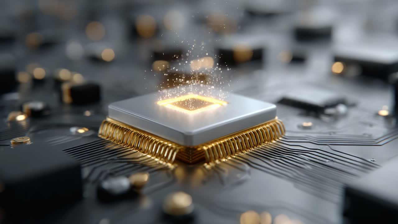 A Glowing Microprocessor Emanating Sparks Over a Complex Circuit Board, Representing Advanced Technology and Processing Power in a Futuristic Setting
