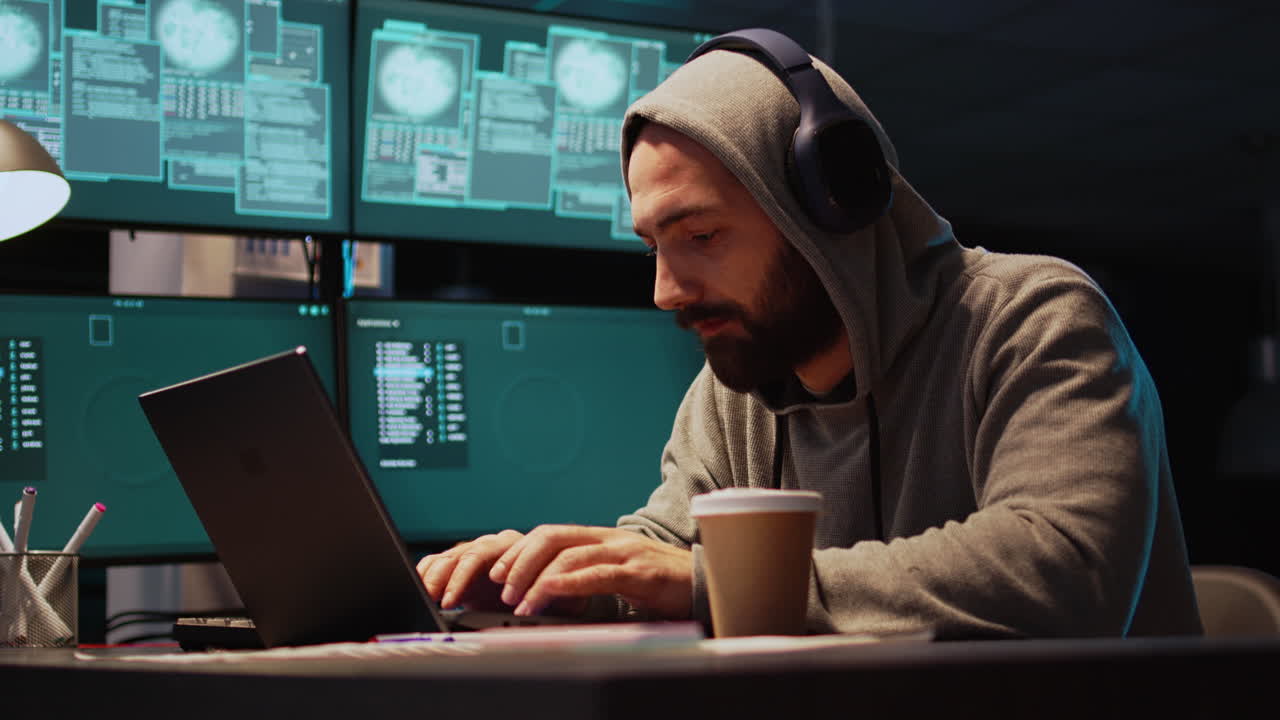 Man in Hoodie Programming on Laptop