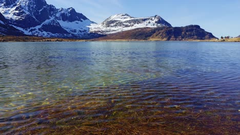 Pristine-lake-with-clear-fresh-water-surrounded-by-snowy-mountains-on-a-sunny-spring-day