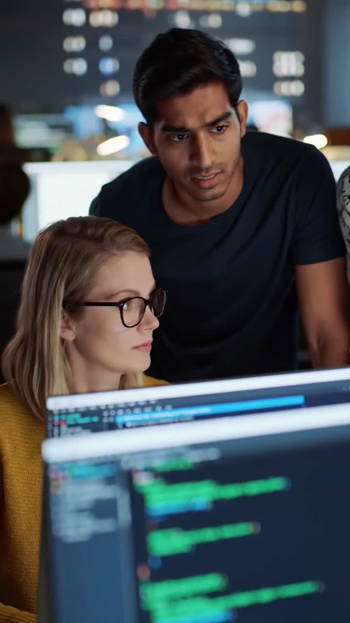 Two diverse software developers, a woman and man, intently review code on a computer screen