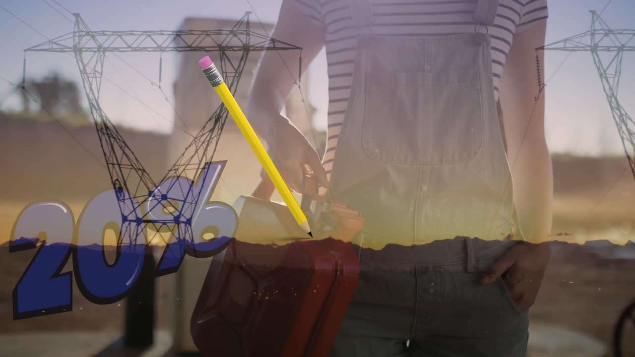 animación de números y lápiz sobre mujer y pilones de electricidad