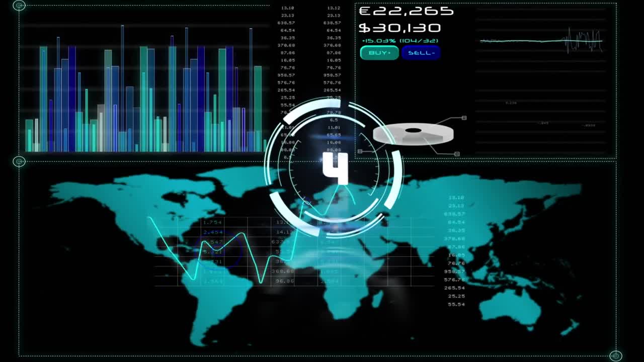Animation of scope scanning with countdown over data processing on black background
