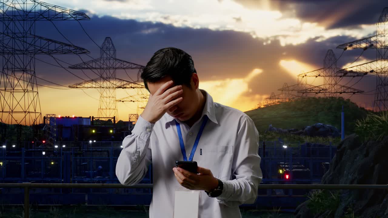 Asian Male Professional Worker Standing With His Smartphone Near High Voltage Tower, Industrial Facility, He Is Nodding His Head With Dissapionted