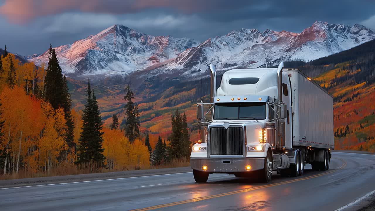 A Majestic Truck Navigating Through Vibrant Autumn Landscapes Amidst Snow-Capped Mountains, Capturing the Essence of Journey and Adventure