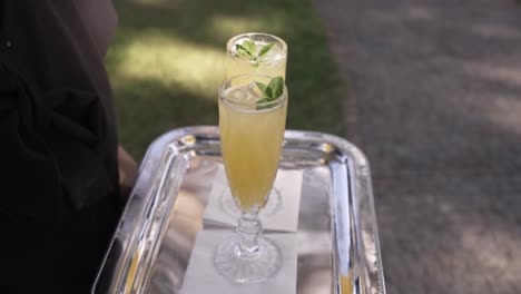 two glasses of refreshing yellow cocktails with mint garnish on a silver tray, outdoors