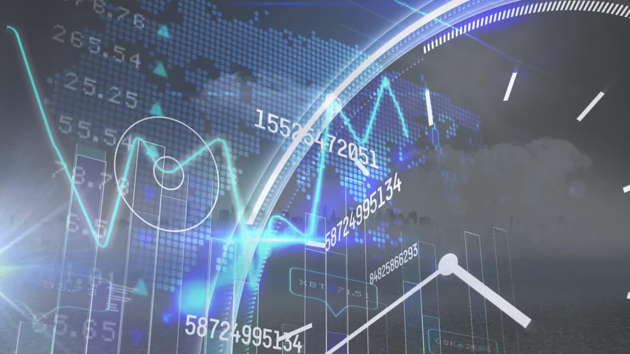 시계의 틱틱, 숫자의 변화 및 데이터 처리의 애니메이션은 도시 풍경의 공중 시야에 대해