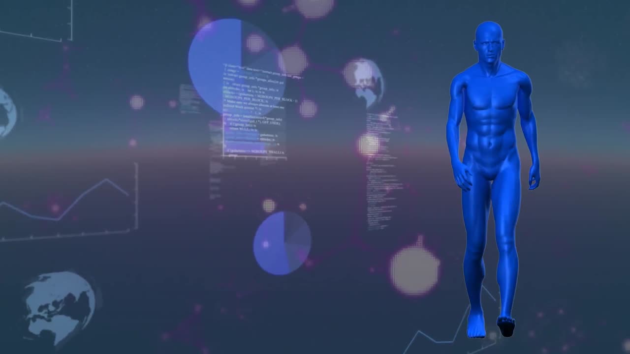 animación de procesamiento de datos y humano digital en fondo azul
