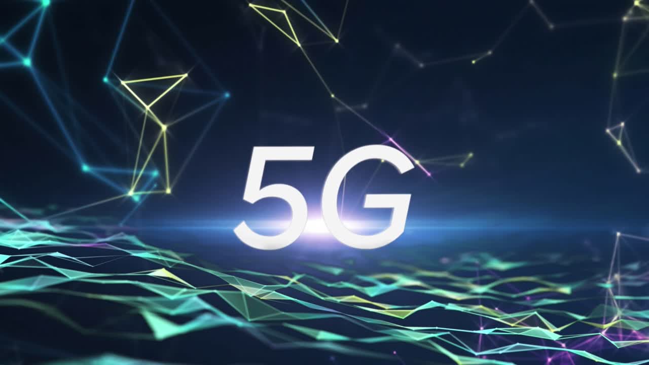 animazione di un punto luminoso su banner di testo 5g, rete di connessioni e onde digitali