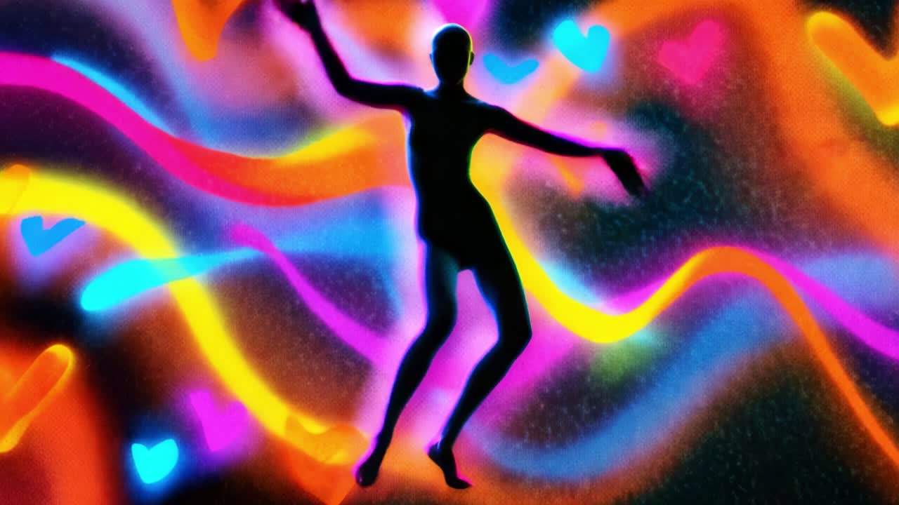 A vibrant display of colorful silhouettes dancing amidst swirling patterns and luminous hearts, creating an energetic and joyful atmosphere that captivates the viewer's imagination