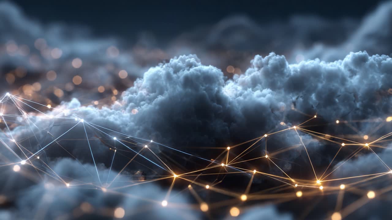 A Mesmerizing Visualization of Digital Connections Flowing Through Soft, Billowing Clouds Illuminated by a Warm, Ethereal Glow in a Surreal Sky