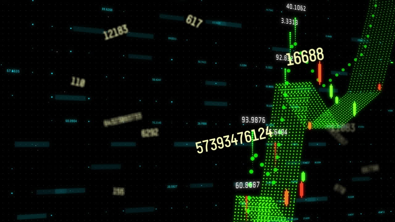Animation of multiple changing numbers and financial data processing against black background