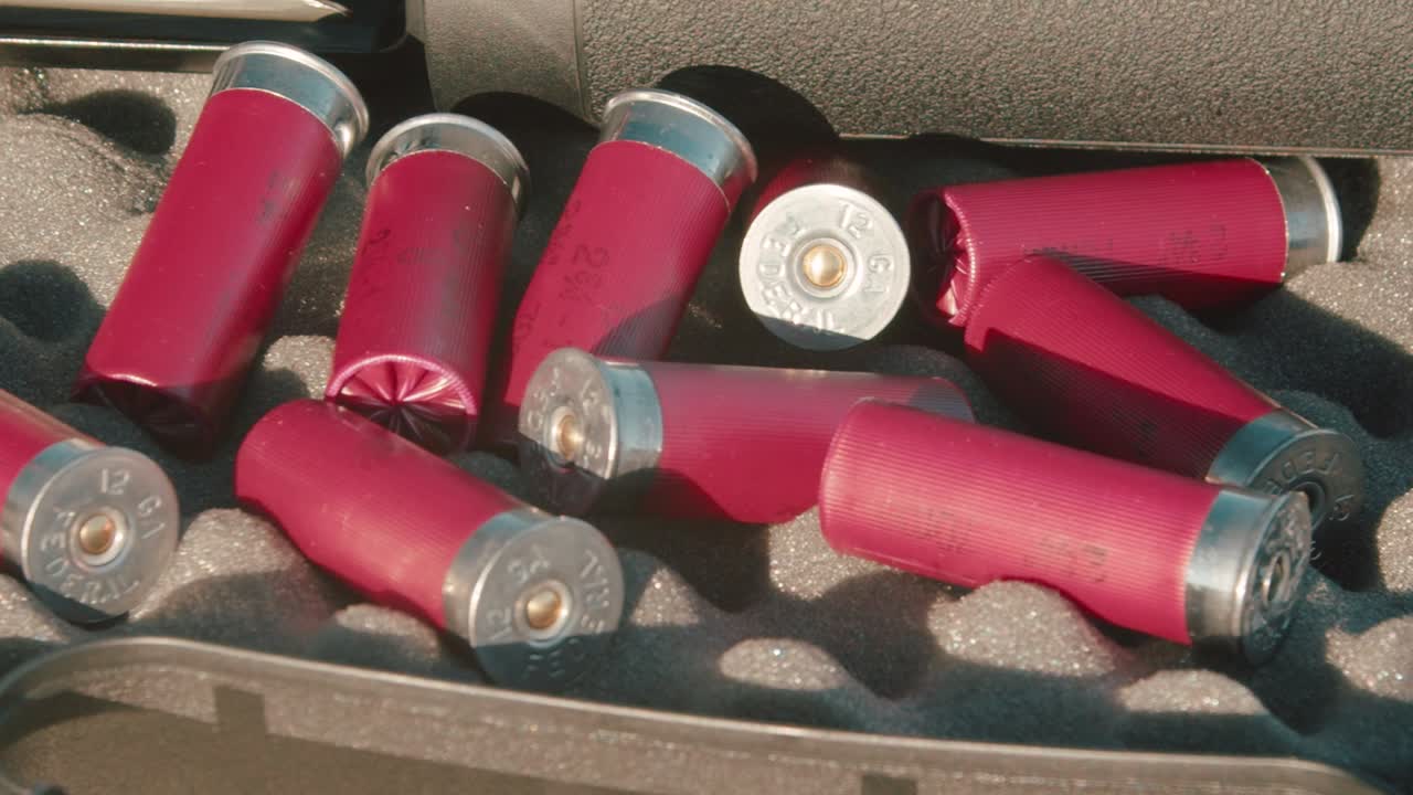 Shotgun shells scattered in a gun case. The Camera pans left