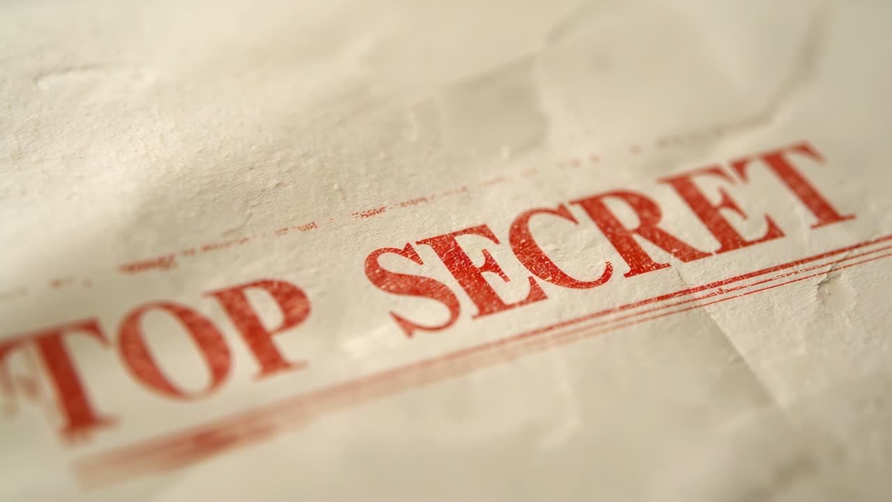 Tightening framing camera focusing on crumpled TOP SECRET document on desk, revealing red stamp