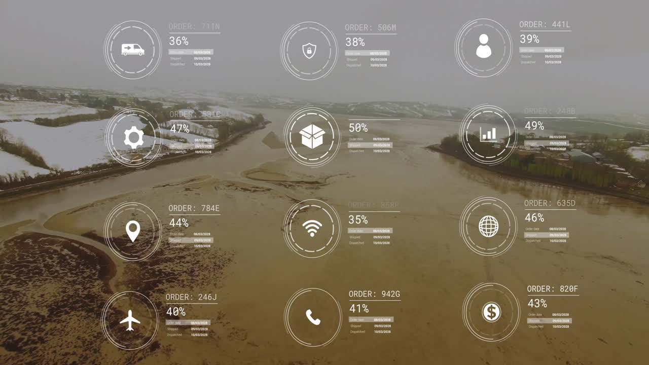 animación de la red de iconos y procesamiento de datos sobre el paisaje