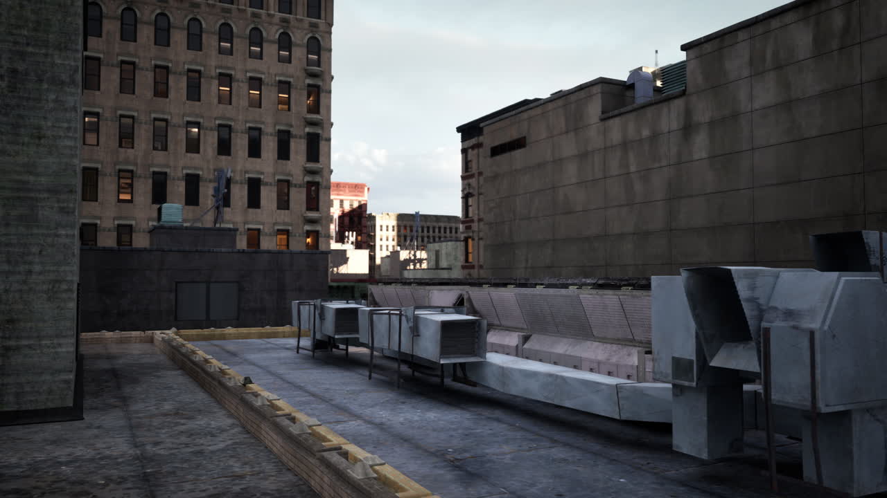 un grupo de acondicionadores de aire sentados en la parte superior de un techo