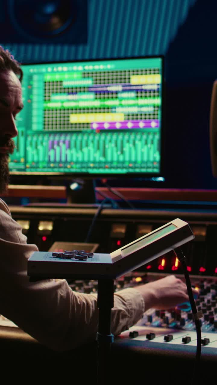 Fonico che lavora su una consolle di missaggio audio in uno studio di registrazione