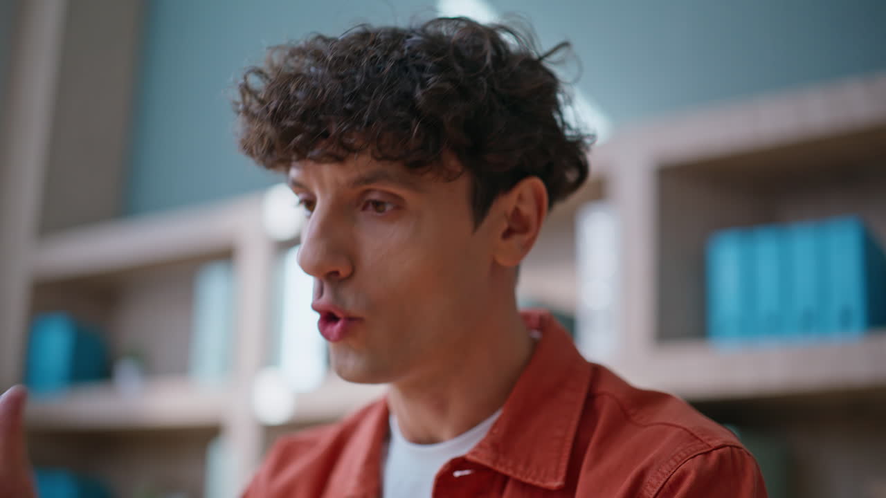 Dissatisfied executive talking virtual conference discussing mistake closeup